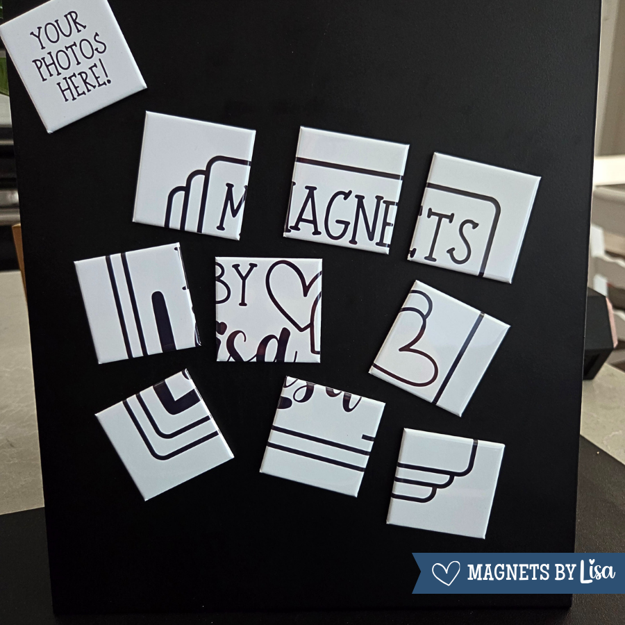 Set of customizable white magnets on a black board with 'Magnets by Lisa' branding. showing that the puzzle is 9 seperate 2"2" magnets