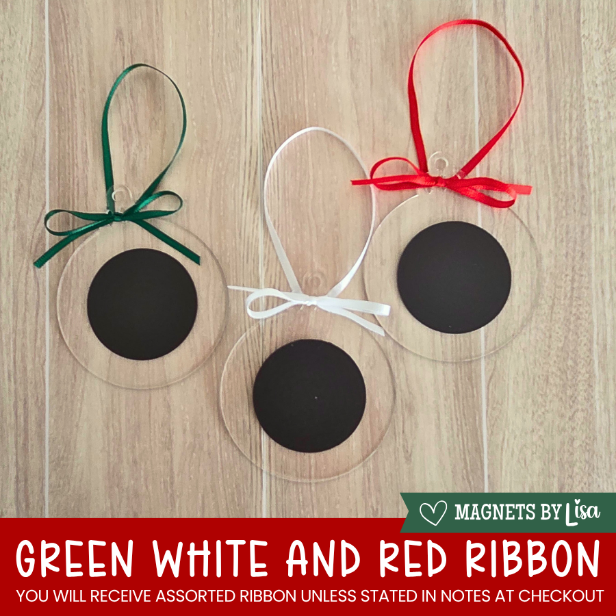 Three clear acrylic ornaments with magnets and colorful ribbons