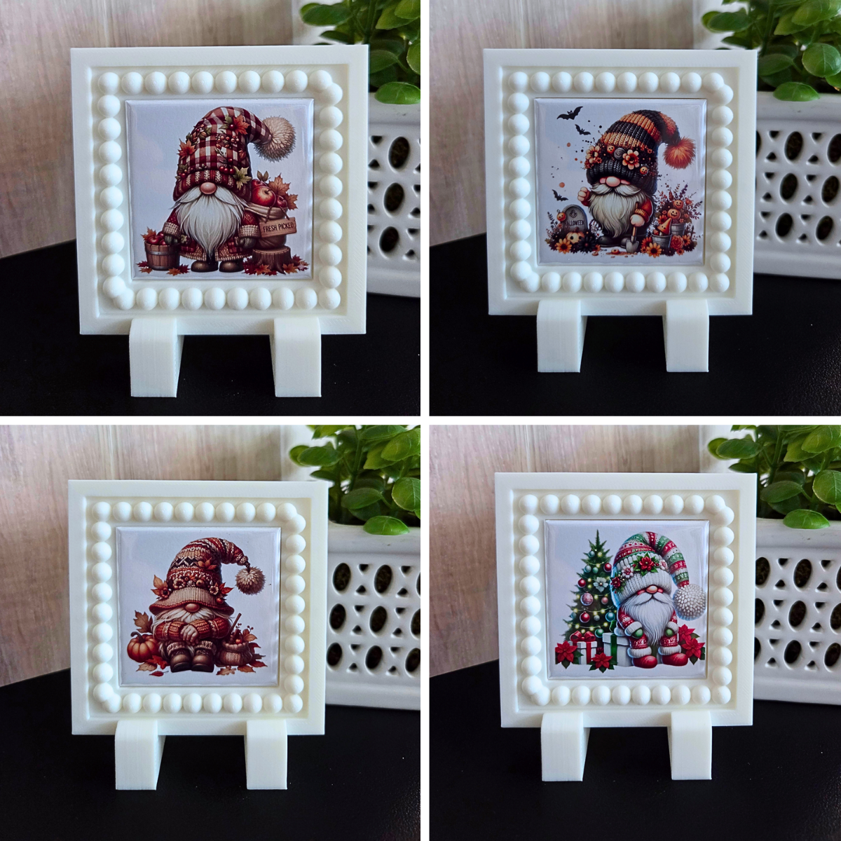 A curated set of twelve 2x2 seasonal gnome magnets displayed with a white 3D‑printed magnetic frame. Each magnet features a unique monthly gnome design, including Valentine hearts, spring flowers, summer themes, fall pumpkins, and winter holiday gnomes. The frame holds one magnet at a time for easy monthly swapping. A charming year‑round décor gift for gnome lovers, moms, and grandmas.