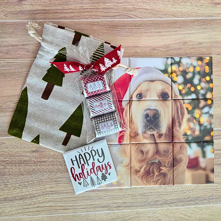 Photo Puzzle with a free Happy Holiday magnet and a chocolate treat.  All inclosed in a festive linen bag . 