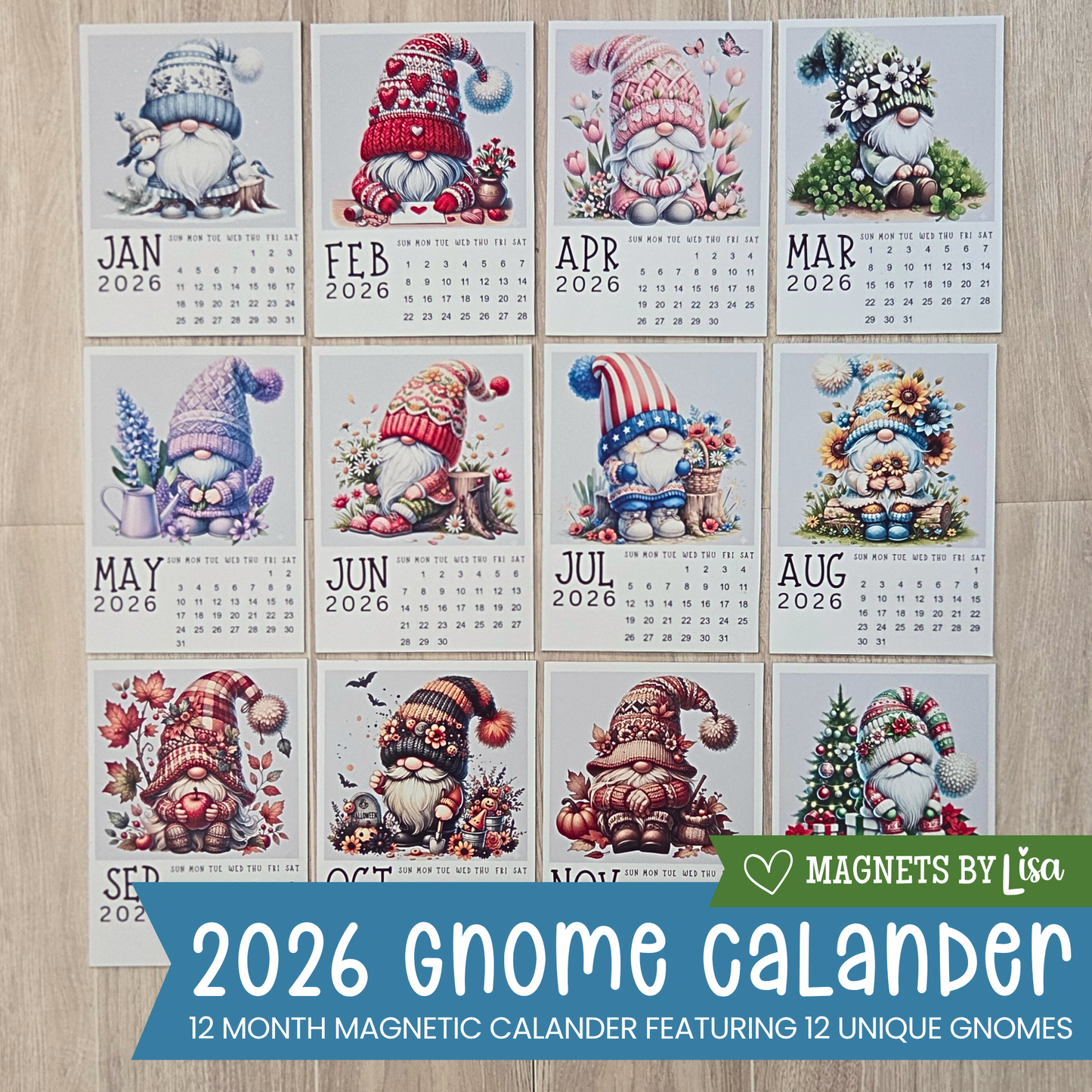 2026 Gnome Calendar with 12 unique gnomes on a wooden surface