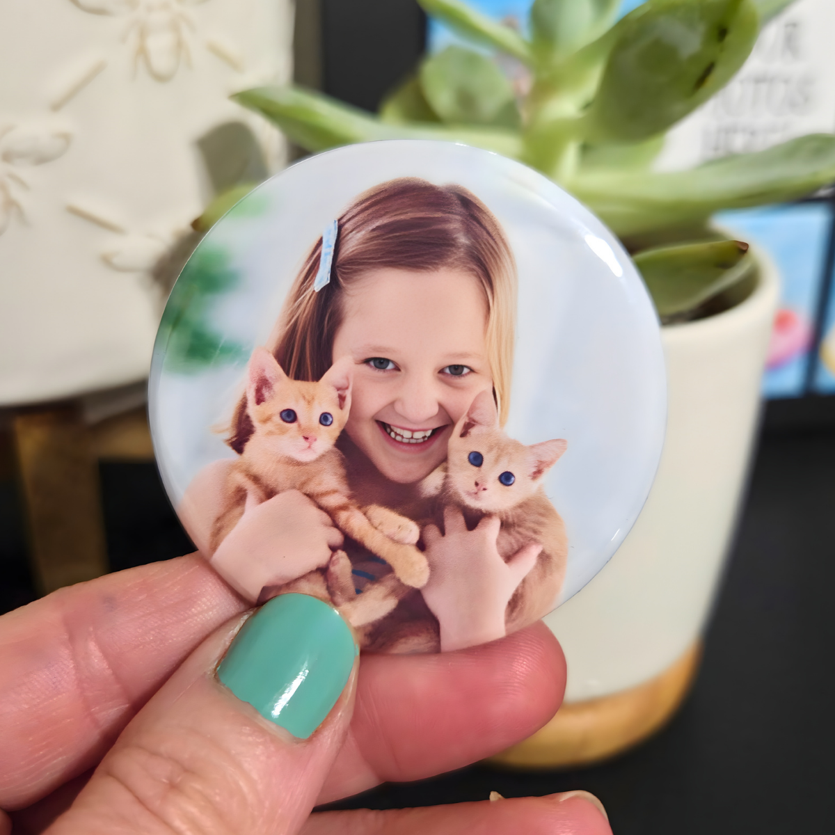 Round custom photo magnet featuring a vibrant family portrait, designed as a personalized keepsake gift. Perfect for displaying family photo shoot images, newborn pictures, or special moments on the fridge. Ideal for holiday gifts, grandparent presents, and sentimental photo décor.