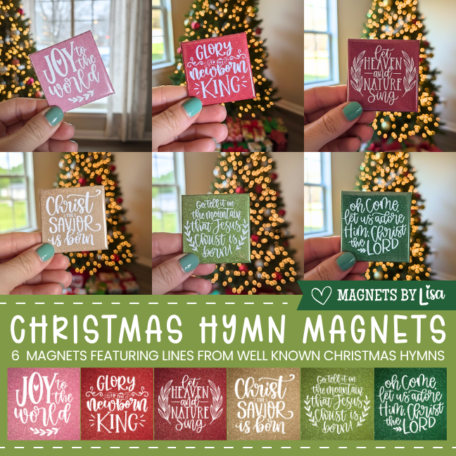 Collage of Christmas hymn magnets held by a hand with a decorated Christmas tree in the background.