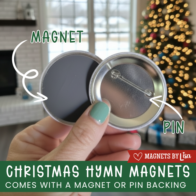 Hand holding Christmas hymn magnets with a magnet and pin backing, Christmas tree in the background.