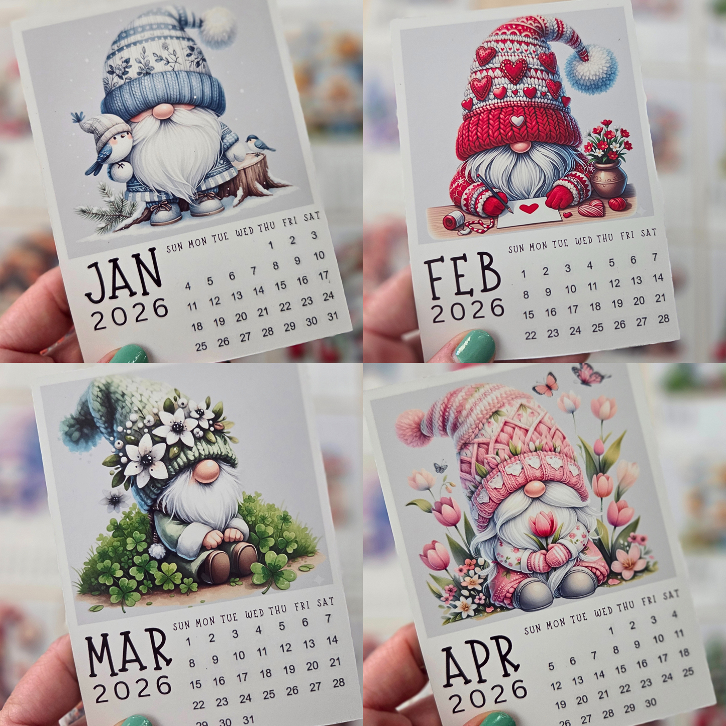 Four calendar pages showing gnomes for January, February, March, and April 2026.