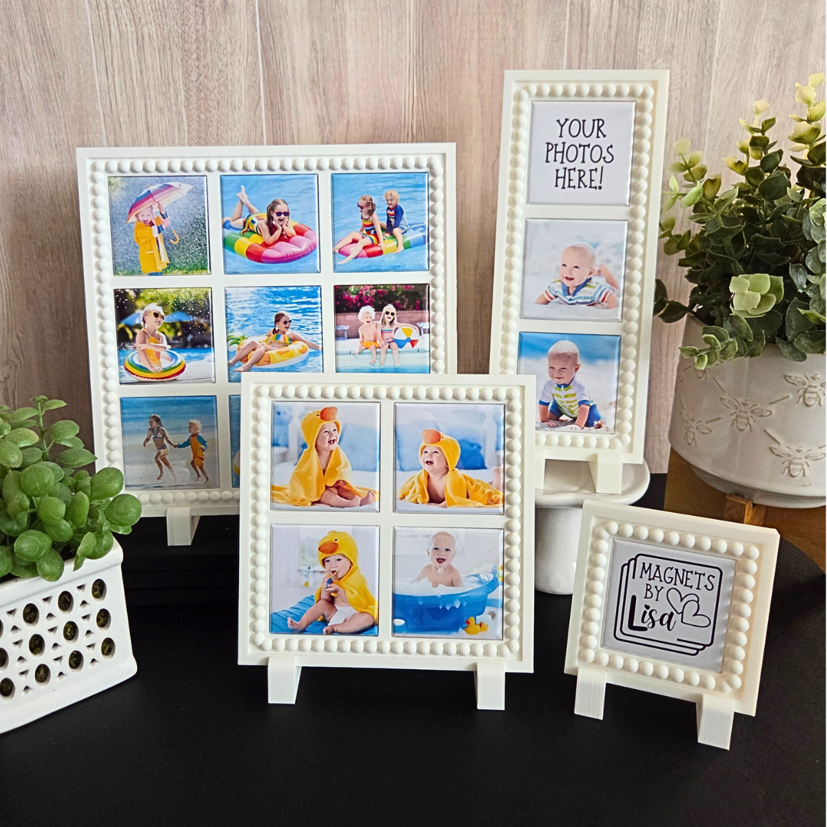 Set of photo frames with family photos and a decorative frame with 'Magnets by Lisa' branding. Magnetic Photo Frame for Photo Magnets