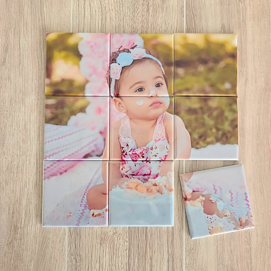 Custom photo magnet puzzle made from a single uploaded image, featuring multiple square magnet pieces that fit together to recreate the original photo. Designed as a personalized keepsake for family pictures, newborn photos, special occasions, and meaningful gift giving.