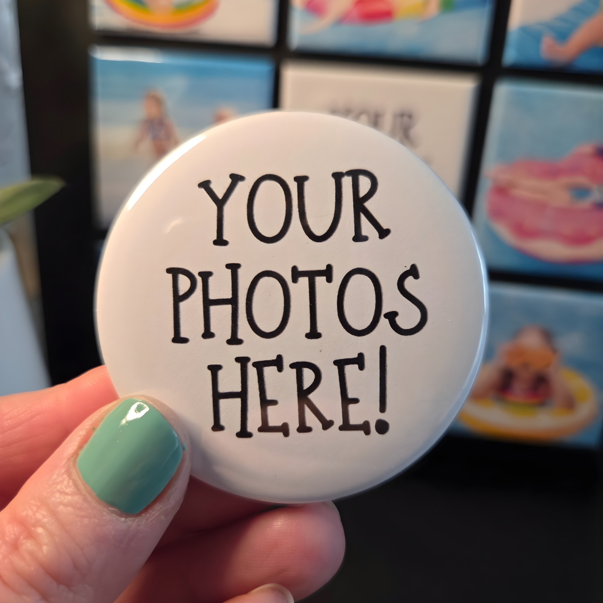 Custom round photo magnet displaying a bright family picture, designed as a personalized keepsake for showcasing family memories. Ideal for preserving family photo shoot images, gifting to grandparents, or adding sentimental décor to the fridge.