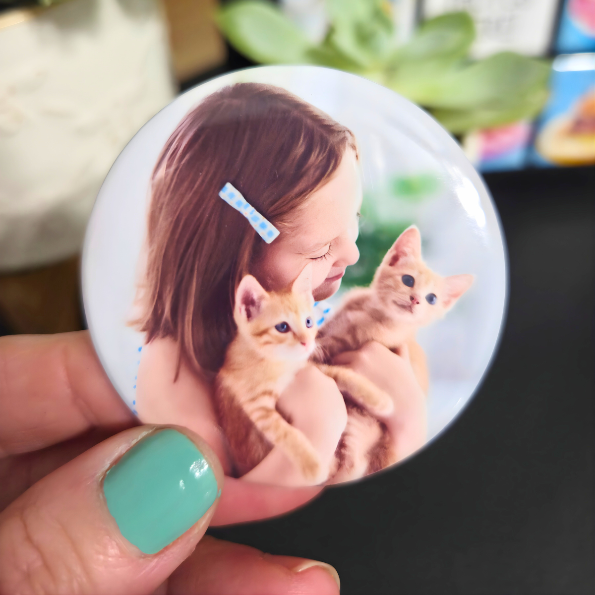 Custom round photo magnet featuring a newborn baby portrait, designed as a personalized keepsake for new parents and grandparents. Ideal for preserving newborn photography, celebrating birth announcements, and adding sentimental photo décor to the fridge.