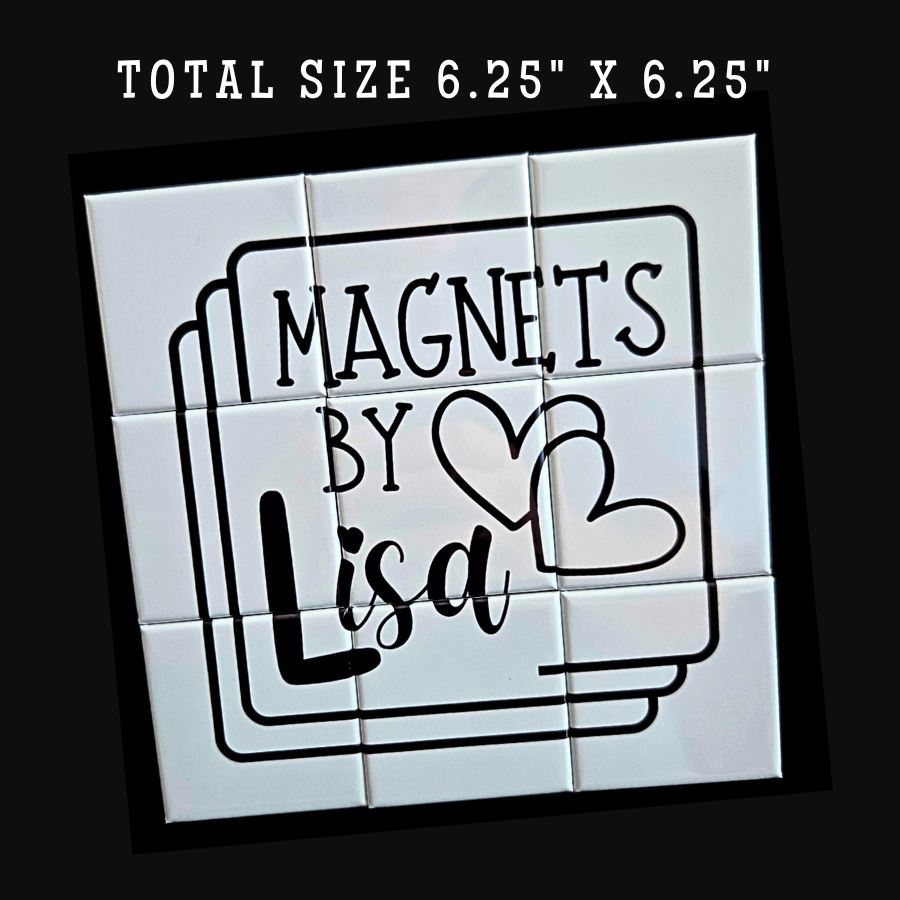 Magnet sheet with 'Magnets by Lisa' text and heart design on a white  background telling buyers that the size of the finished puzzle is 6.25" x 6.25"