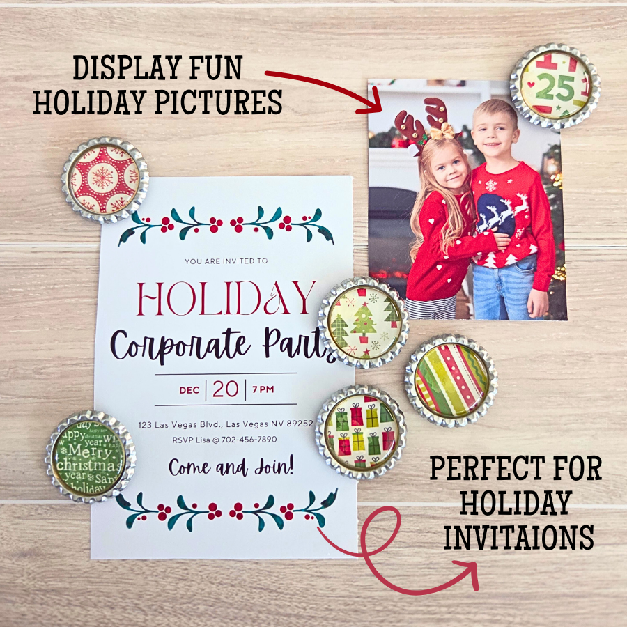 Magnets use to hang pictures and Holiday Party Invite. 
