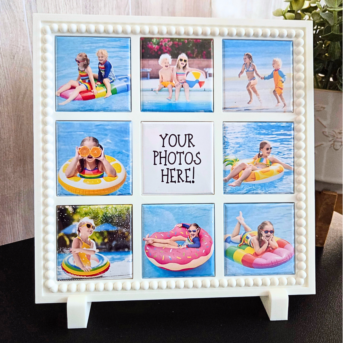 White 3D‑printed 3×3 magnetic frame with a decorative beaded border, designed to hold nine photo magnets in a clean grid layout, shown with removable feet and clearly labeled as holding 9 photo magnets.