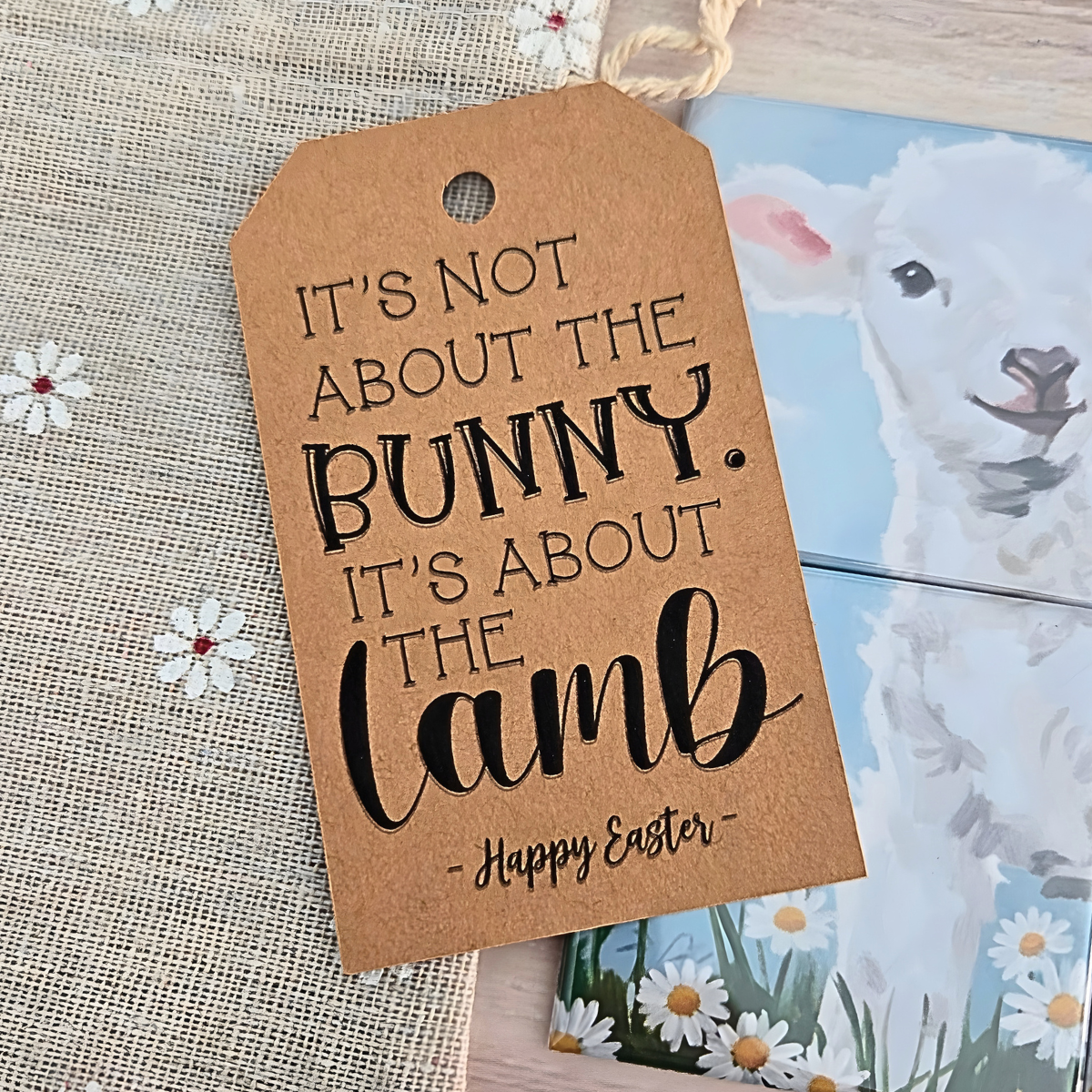 Christian Easter mini lamb puzzle for toddlers, 4‑piece magnetic puzzle with spring lamb artwork, floral gift bag, and faith‑based Easter tag.