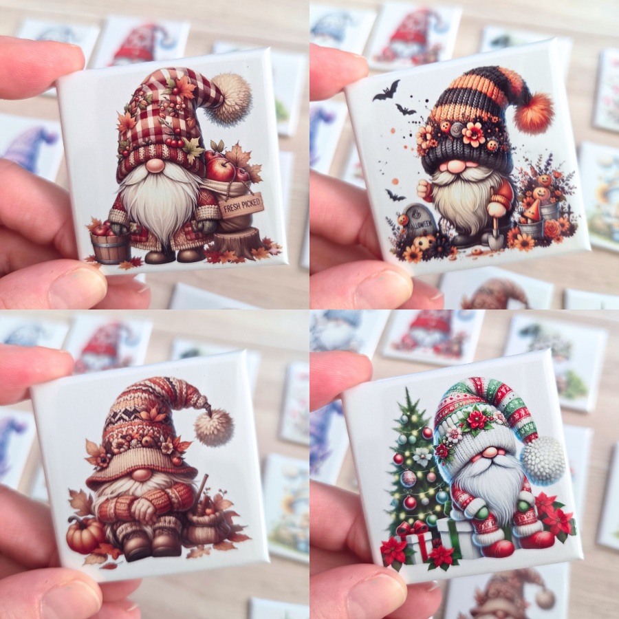 Collage of small gnome figurines with colorful hats and accessories all surrounded by seasonal flowers.