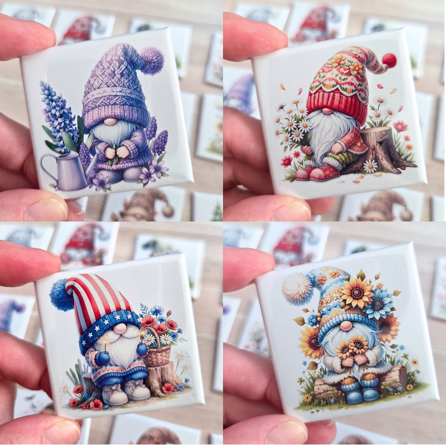 Collage of small gnome figurines with colorful hats and accessories all surrounded by seasonal flowers.