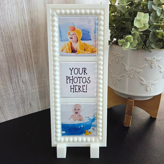 White 1×3 frame for three photo magnets, featuring a modern beaded edge and lightweight 3D‑printed design.