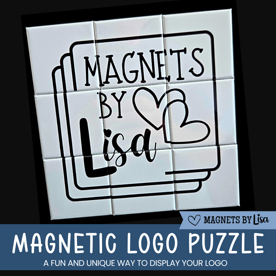 Magnetic logo puzzle with 'Magnets by Lisa' branding on a white background