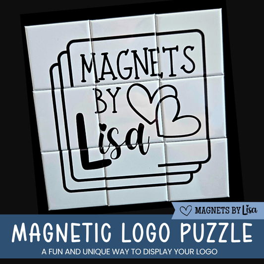 Magnetic logo puzzle with 'Magnets by Lisa' branding on a white background