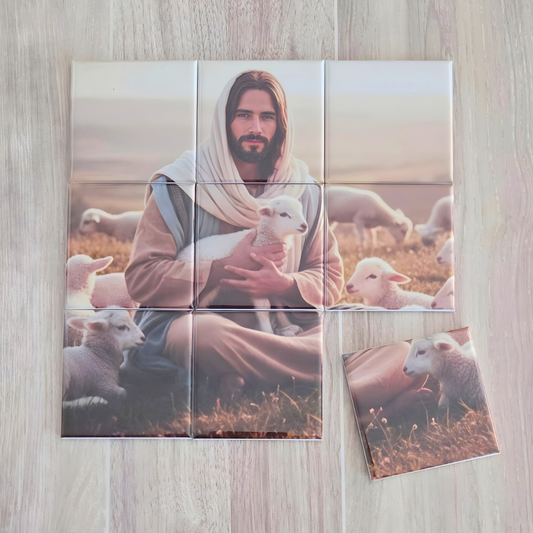 Magnet Puzzle of a Jesus Christ holding a lamb with sheep in the background on a wooden surface. It the Lamb of God puzzle for the Easter season. 