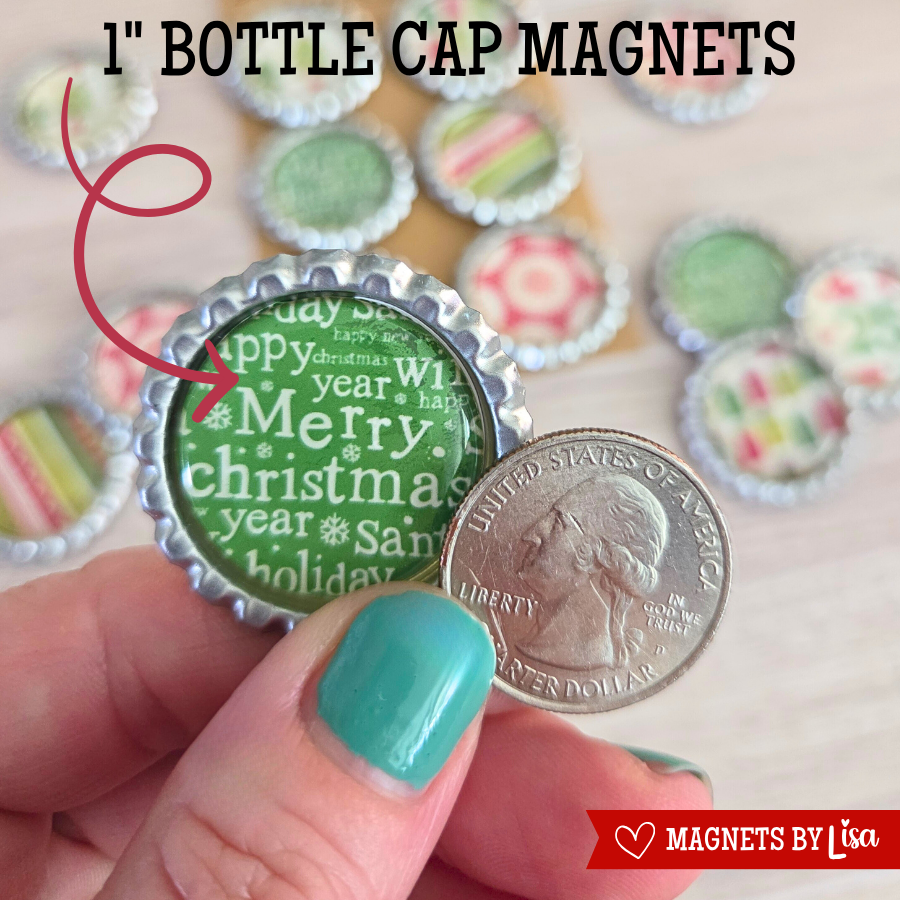 Bottle Cap Magnets are 1" in size.  About the size of a quarter.  