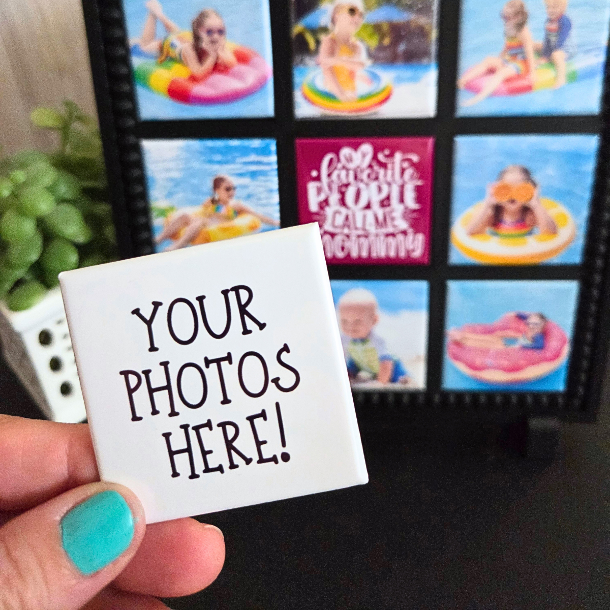 Hand holding a card with 'Your Photos Here!' text in front of a photo collage for MOther's Day