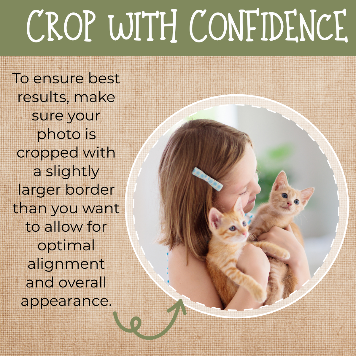 Round Magnet with a little girl holding 2 kittens with instructions on how to crop