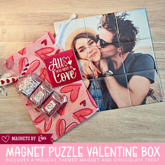 Valentine Day Themed gift with 4 piece magnetic puzzle, All You Need is Love Magnet and a trio of Hershey Milk Chcoclate Nuggets. 