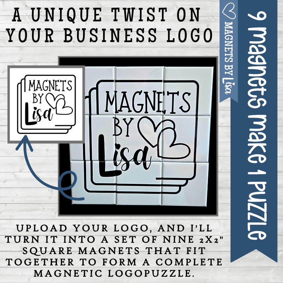 Promotional graphic for 'Magnets by Lisa' with text and logo design on a white brick background.