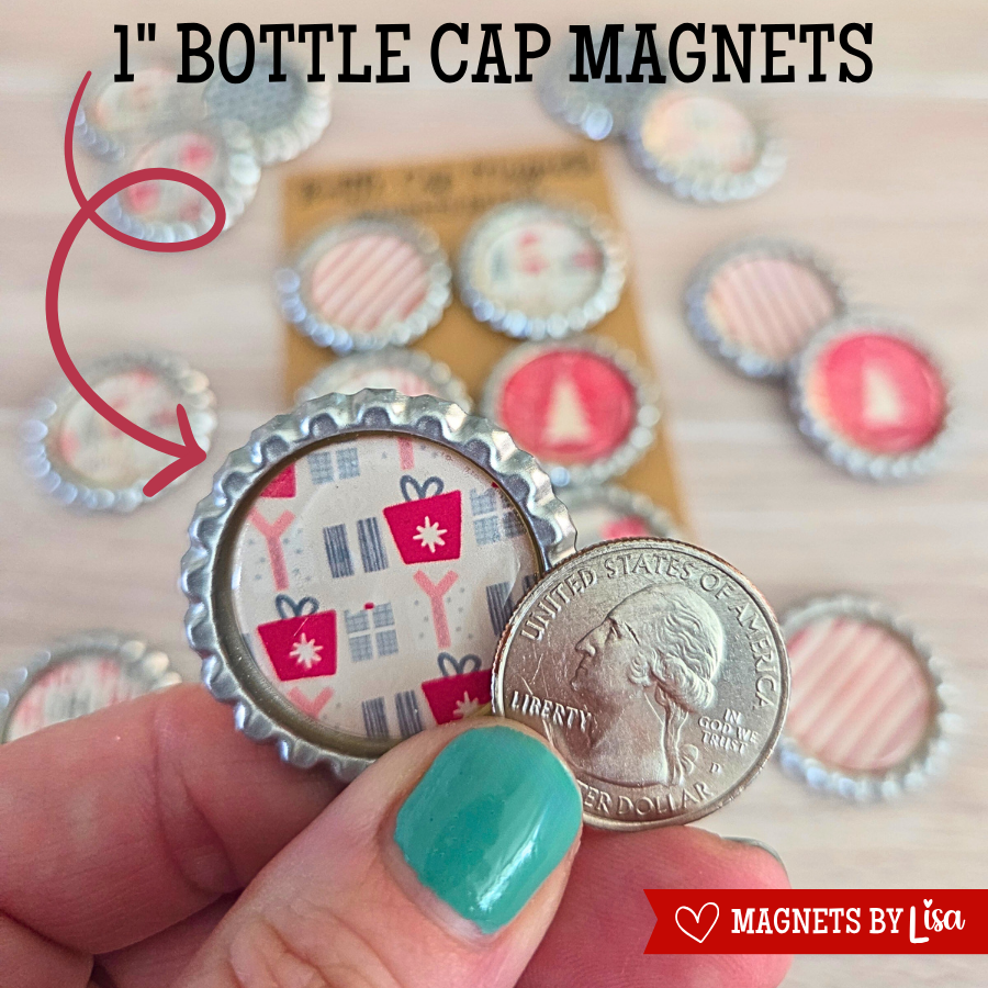 Bottle cap magnets with a hand holding one next to a quarter for size comparison.