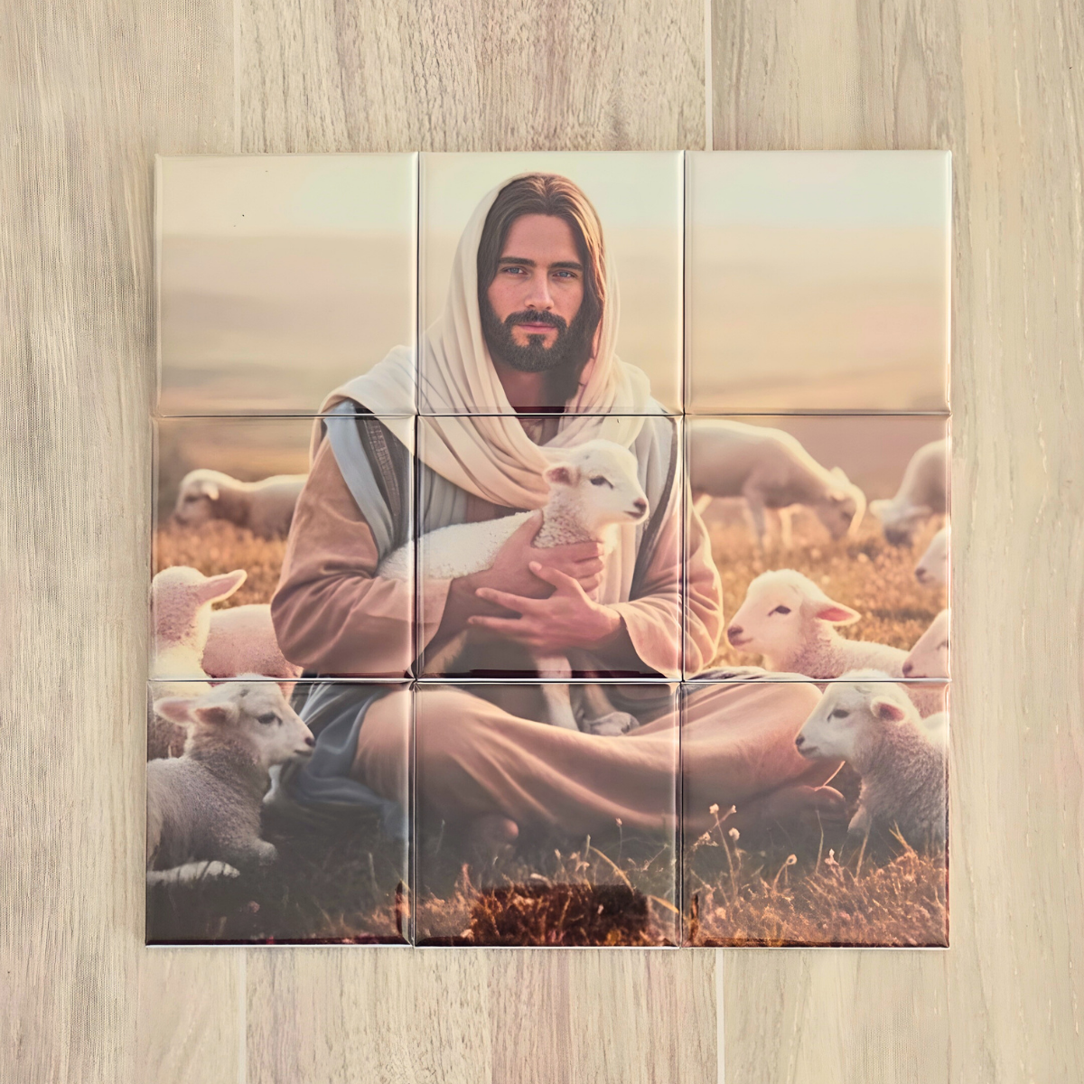 Magnet Puzzle of a Jesus Christ holding a lamb with sheep in the background on a wooden surface. It the Lamb of God puzzle for the Easter season.  show a tag that quotes the Scripture John 10:1 I am the Good Shepherd. The Good Shepherd giveth his life for the sheep.
