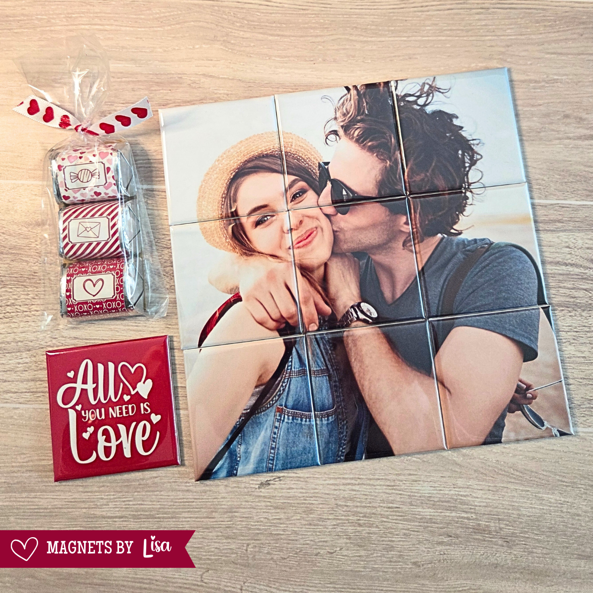 Valentine Day Themed gift with 4 piece magnetic puzzle, All You Need is Love Magnet and a trio of Hershey Milk Chcoclate Nuggets. 