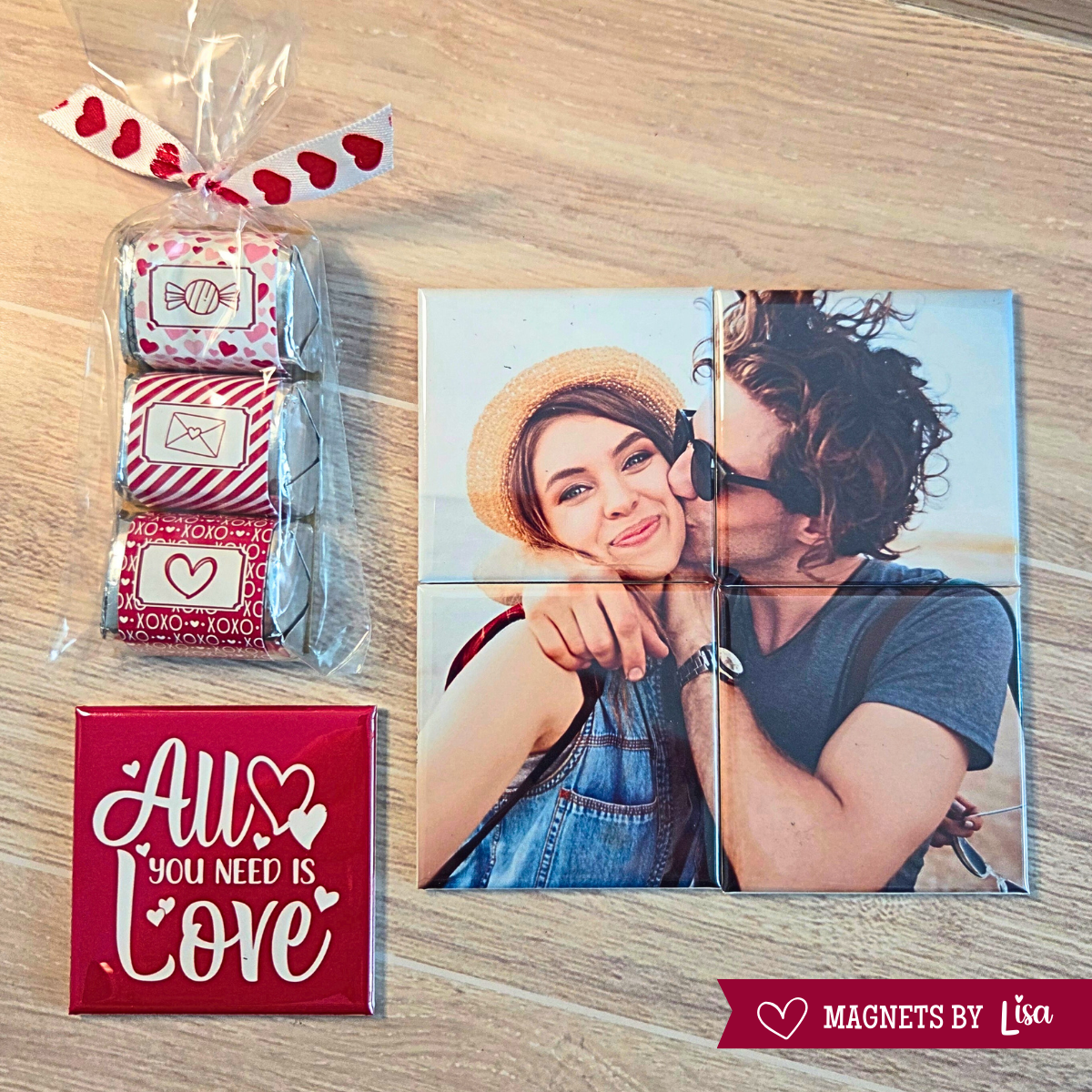 Valentine Day Themed gift with 4 piece magnetic puzzle, All You Need is Love Magnet and a trio of Hershey Milk Chcoclate Nuggets. 