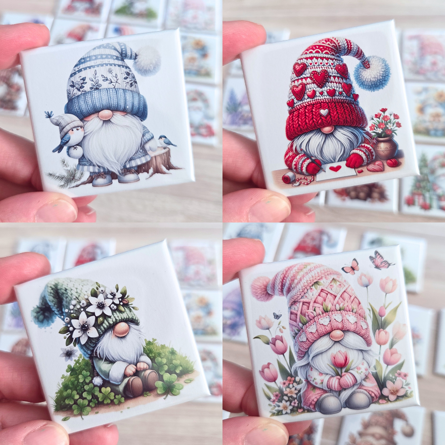 Collage of small gnome figurines with colorful hats and accessories all surrounded by seasonal flowers.