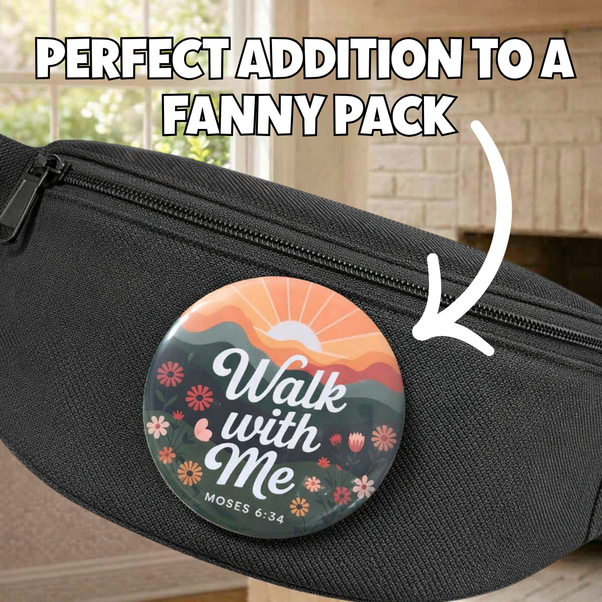 Black fanny pack with a decorative button that says 'Walk with Me' LDS 2026 theme button pin in trendy retro colors, styled on a fanny pack for youth camp, Christian inspirational accessory for teens.