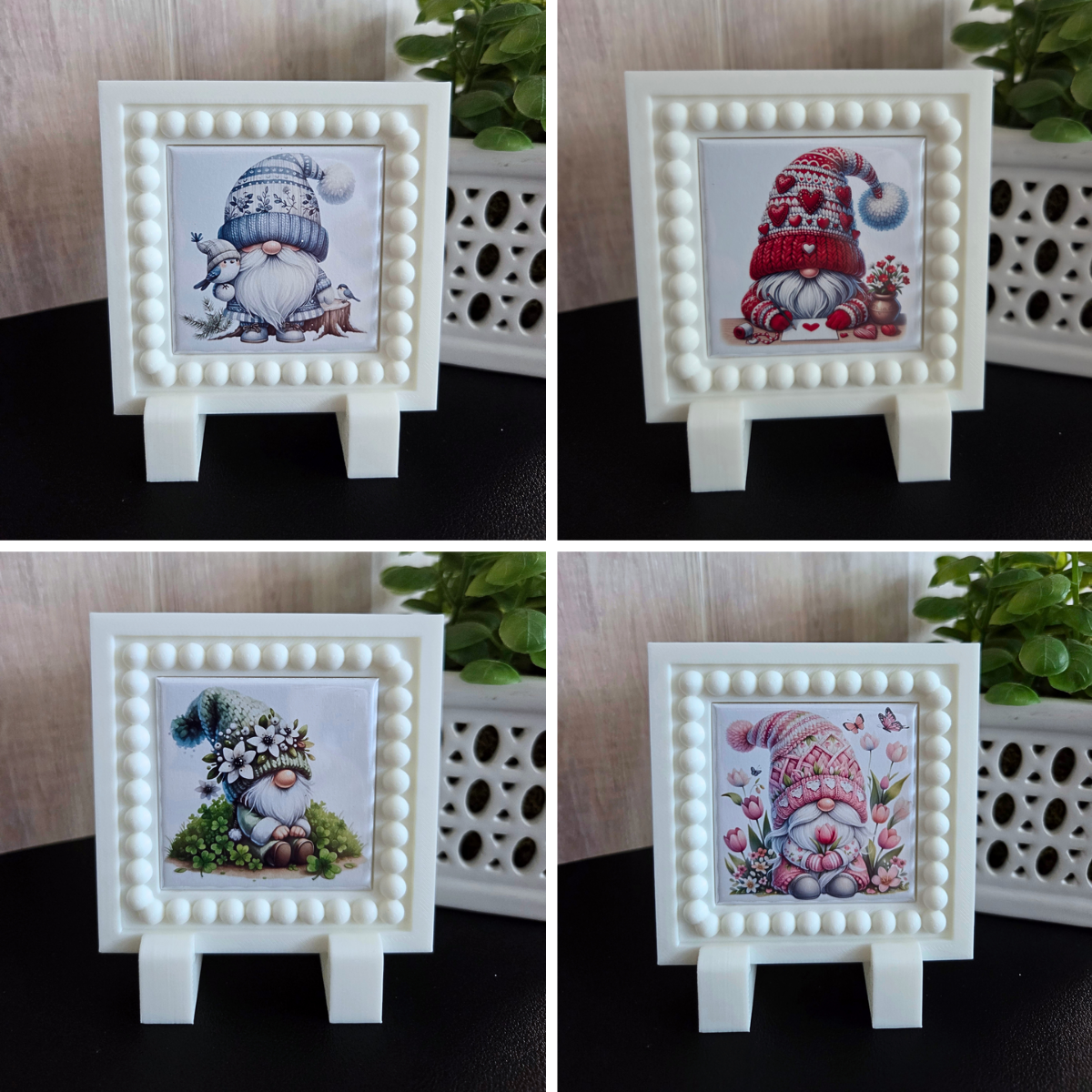 A curated set of twelve 2x2 seasonal gnome magnets displayed with a white 3D‑printed magnetic frame. Each magnet features a unique monthly gnome design, including Valentine hearts, spring flowers, summer themes, fall pumpkins, and winter holiday gnomes. The frame holds one magnet at a time for easy monthly swapping. A charming year‑round décor gift for gnome lovers, moms, and grandmas.