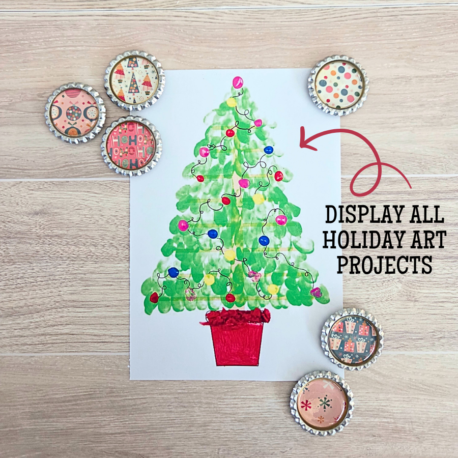 Bottle Cap Magnets help to add Christmas flare to your ridge. 