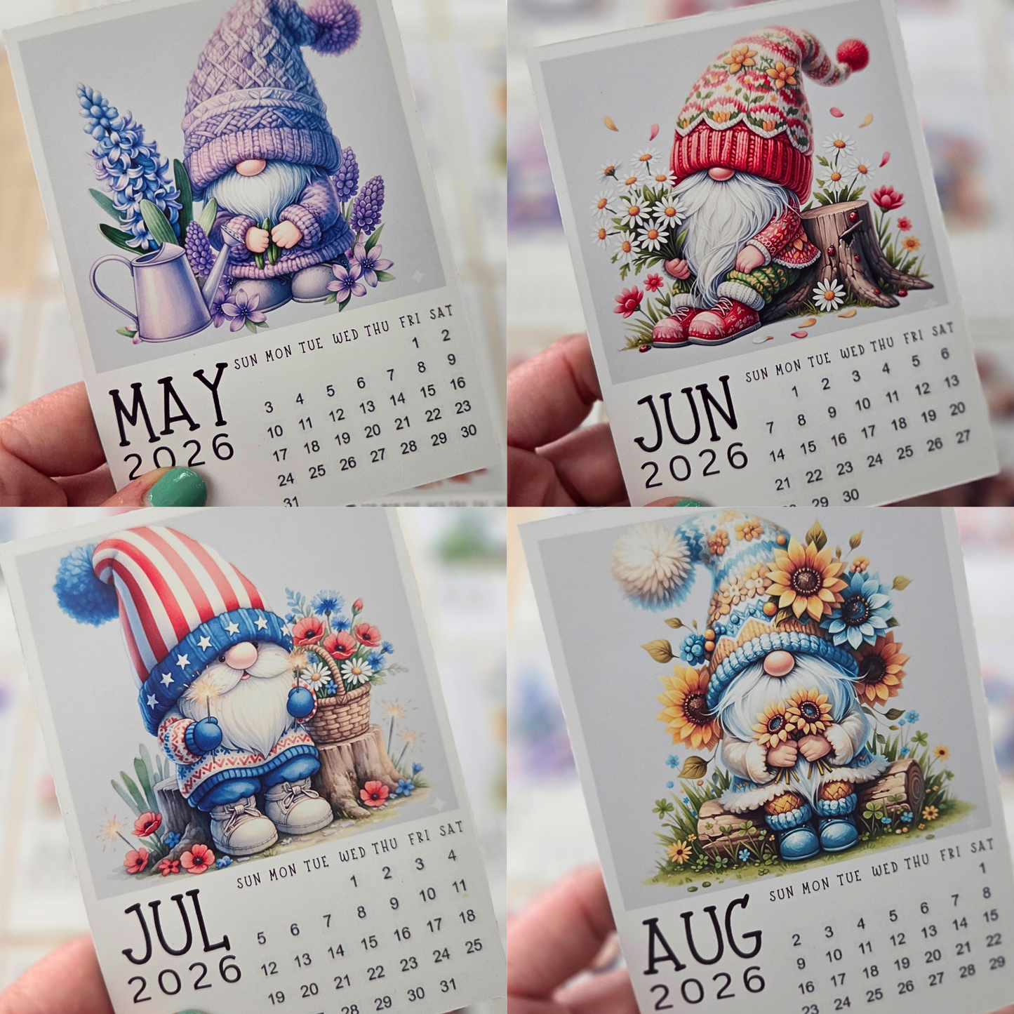 Four calendar pages showing gnomes for May, June, July, and August 2026.