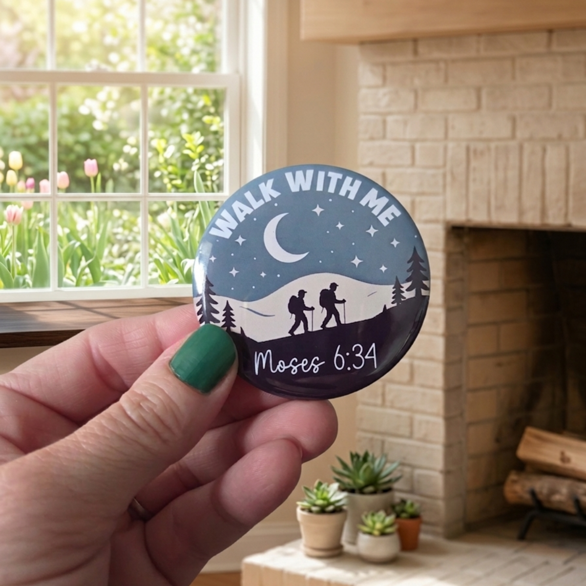 Round ‘Walk With Me’ pin featuring two hikers walking under a crescent moon and stars, surrounded by pine trees and hills, with the scripture reference Moses 6:34.