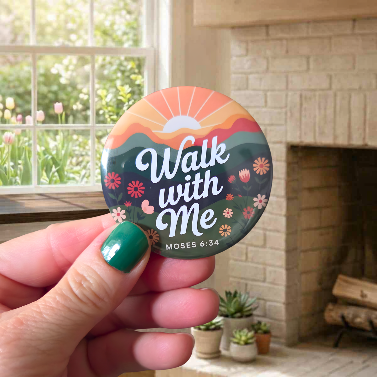   “Round ‘Walk with Me’ pin featuring a colorful sunrise over wavy hills with scattered flowers, designed with the scripture reference Moses 6:34.