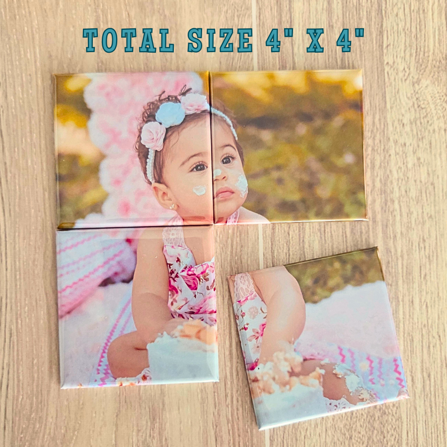 Collage of a baby in a floral dress with text indicating total size 4" x 4" on a wooden background.