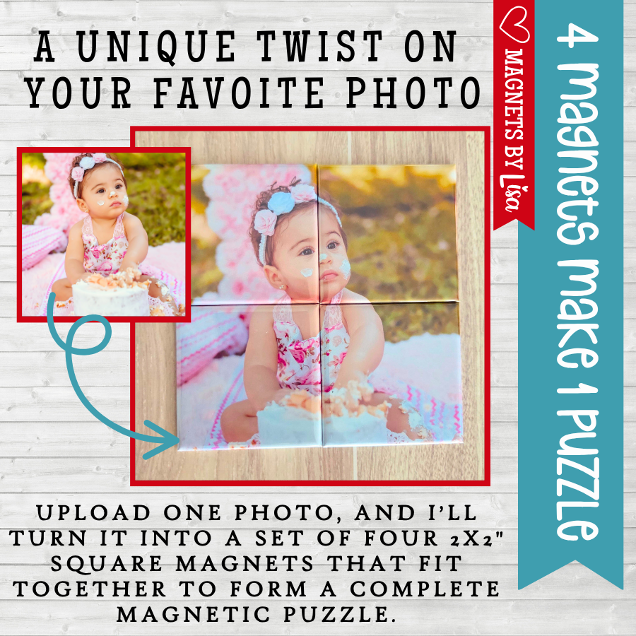 Promotional graphic for a photo puzzle magnet set with a child's photo and text describing the product.