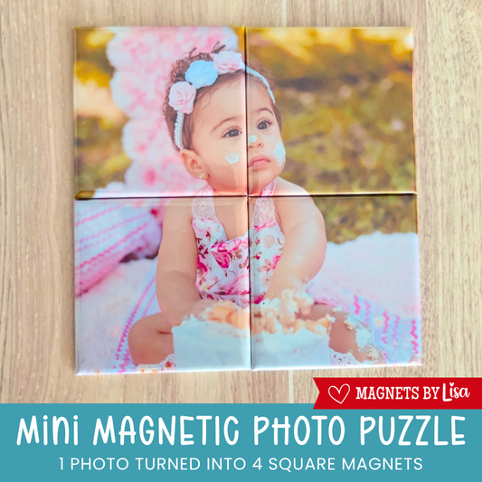 Mini magnetic photo puzzle with a child in a pink dress on a wooden surface