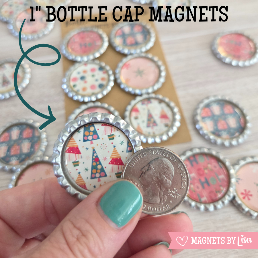 Bottle cap magnets with colorful Christmas designs held by a hand next to a coin for size reference.