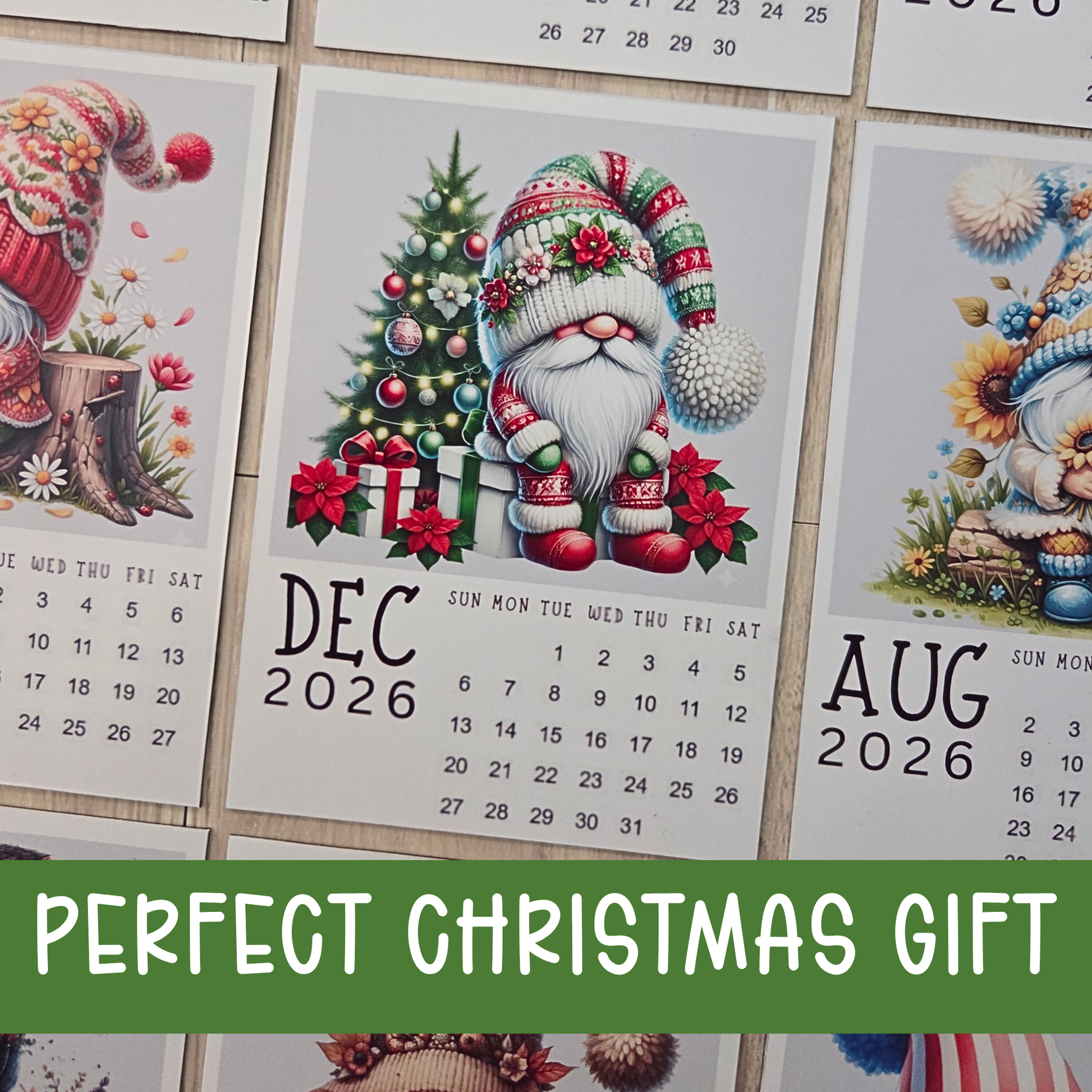 Calendar with Christmas-themed design featuring a gnome and tree, labeled 'Perfect Christmas Gift'.