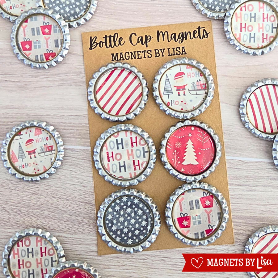 A set of 6 bottle cap magnets in a fun festive theme for Chrismas.  Perfect for teacher gift